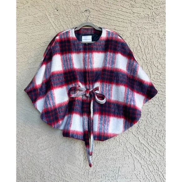 ANTHROPOLOGIE NWT Blue Plaid Brushed Wool Johanna Capelet Poncho Belted Cape OS